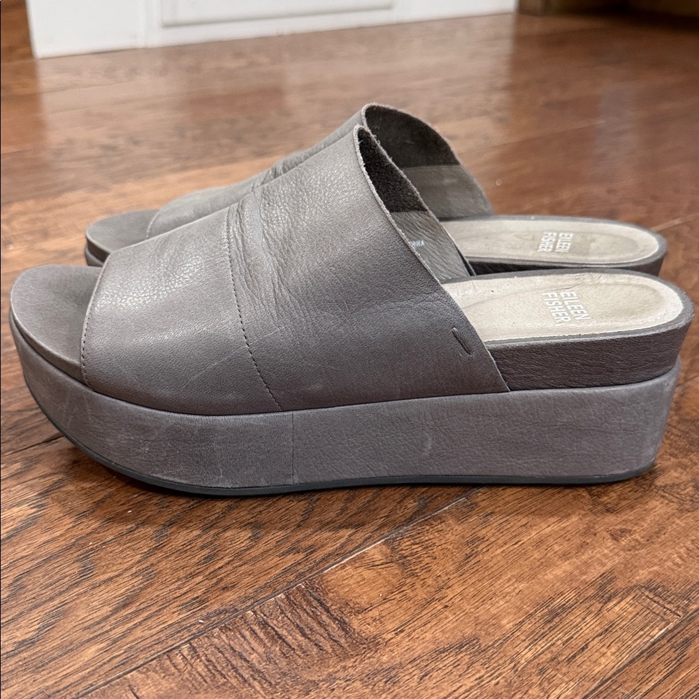 Eileen Fisher Slate Gray Leather Open-Toe Mules